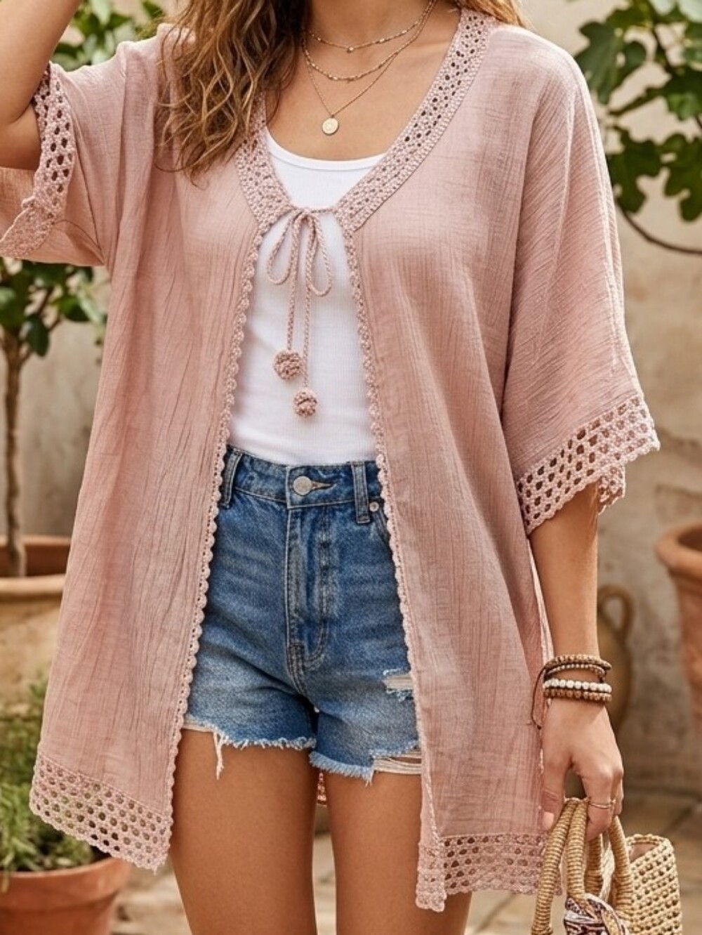 Do Everything In Love Blush Pink Crochet Trim Kimono One Size Boho Layering Wrap